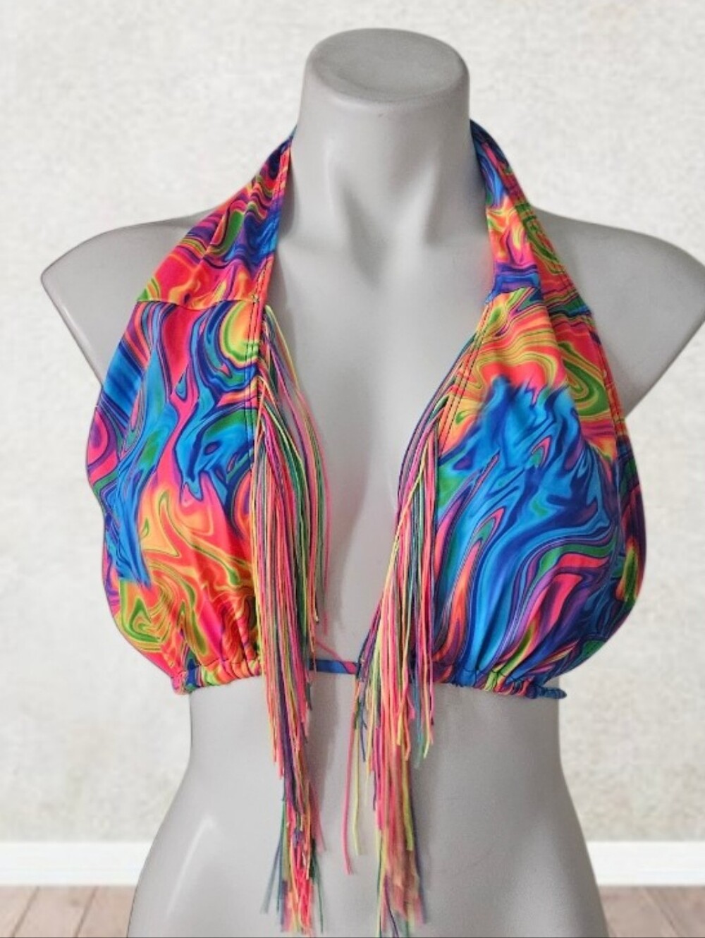 Women’s Multicolor Halter Swirl  Fringe Bikini Top XL